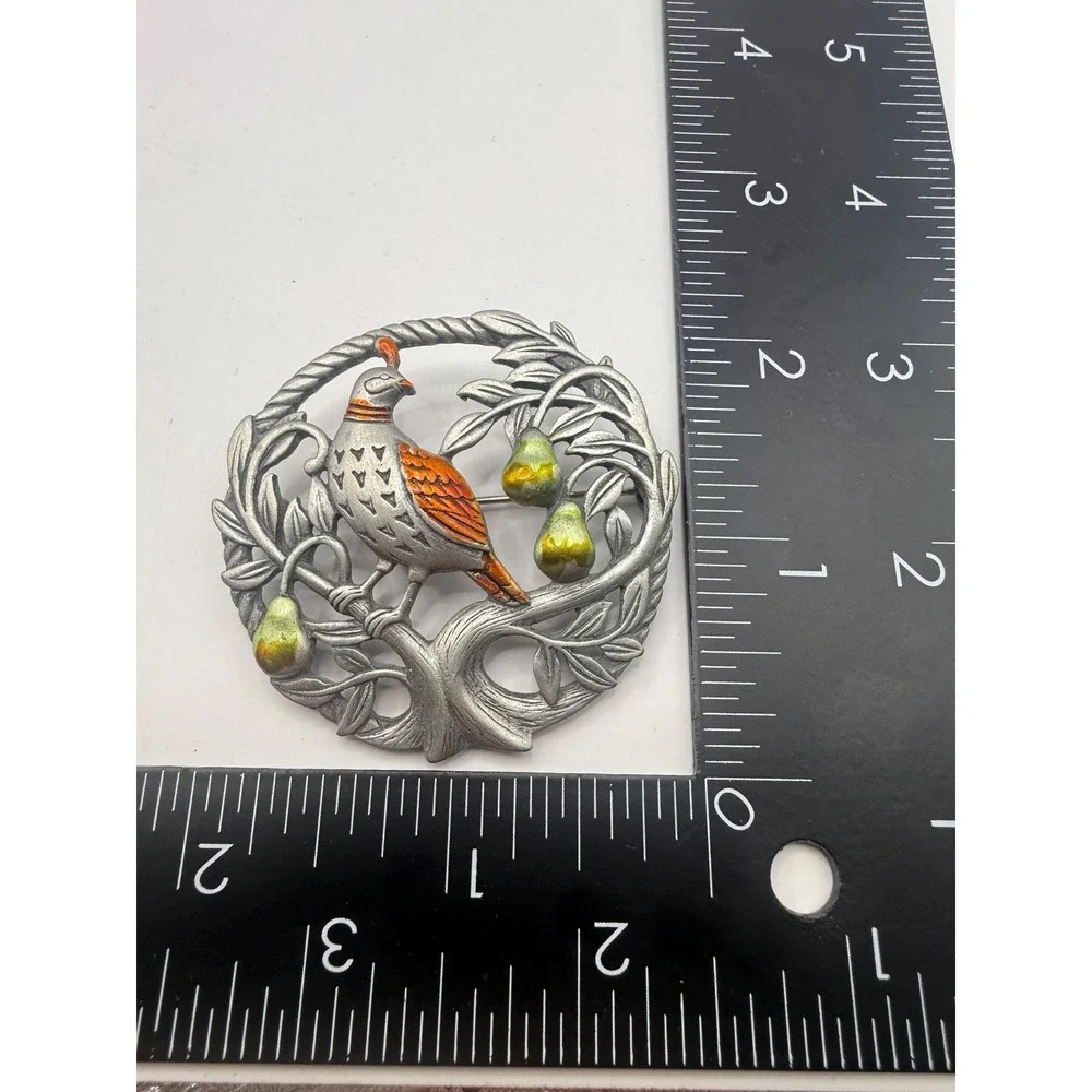 JJ Jonette Partridge Pear Tree‎ Brooch Bird Pewter Enamel Vintage Pin
